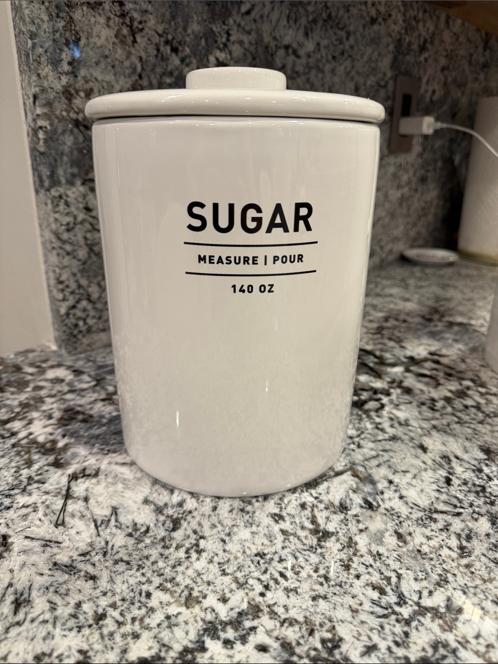 West Elm White Ceramic Sugar Canister with Black Lettering